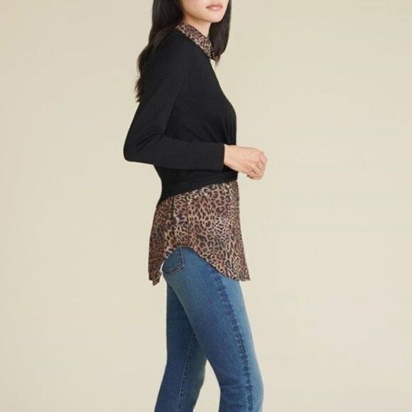 VERONICA Beard Animal Print Layered Sweater Shirt Mixed Media Mocha Mousse NWT - Picture 6 of 10